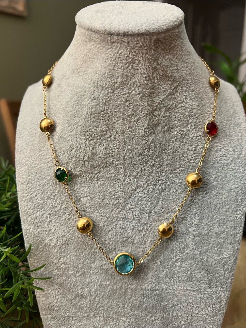 Gold-Plated Multi-Gem Necklace with Blue, Green, and Red Stones